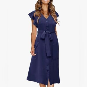 Women's Navy Button-Front Tie-Waist Dress